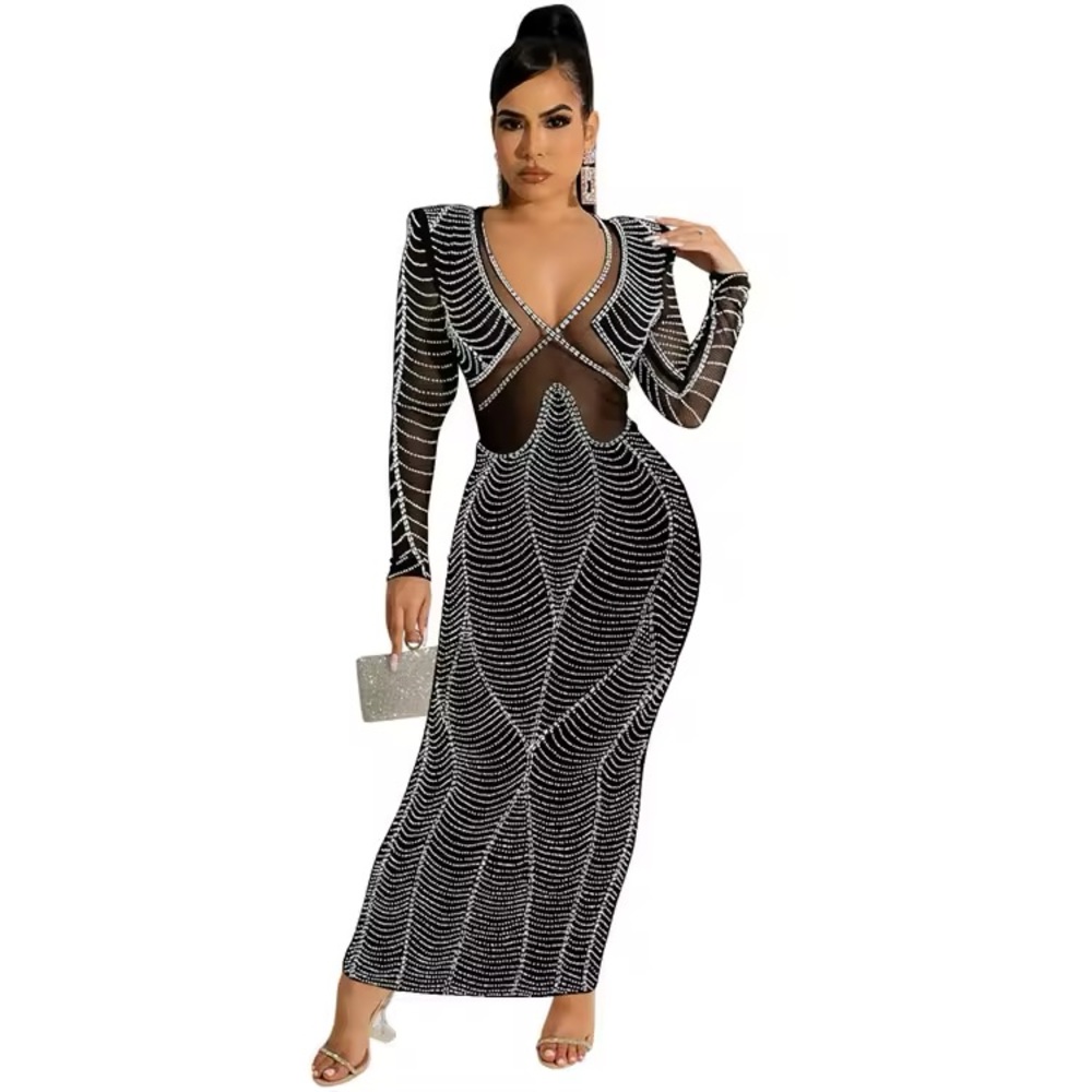 Long sleeve rhinestone maxi dress sz M